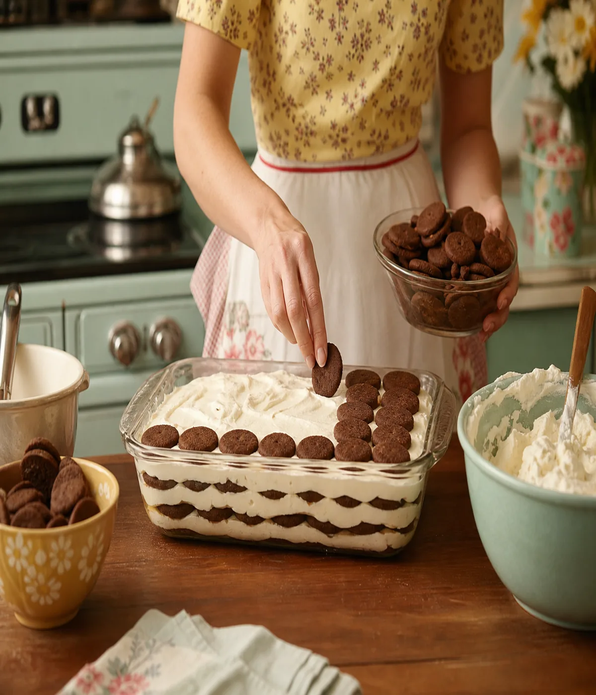 Vintage kitchen scene assembling an icebox cake with chocolate wafers