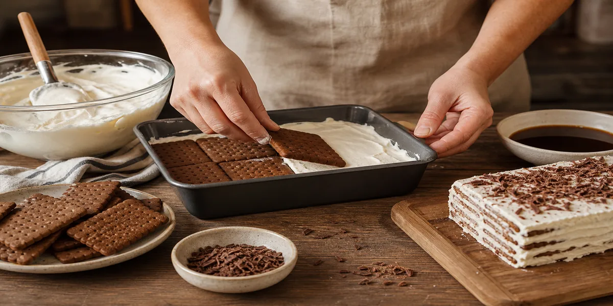 Hands layering chocolate wafers with whipped cream in a loaf pan