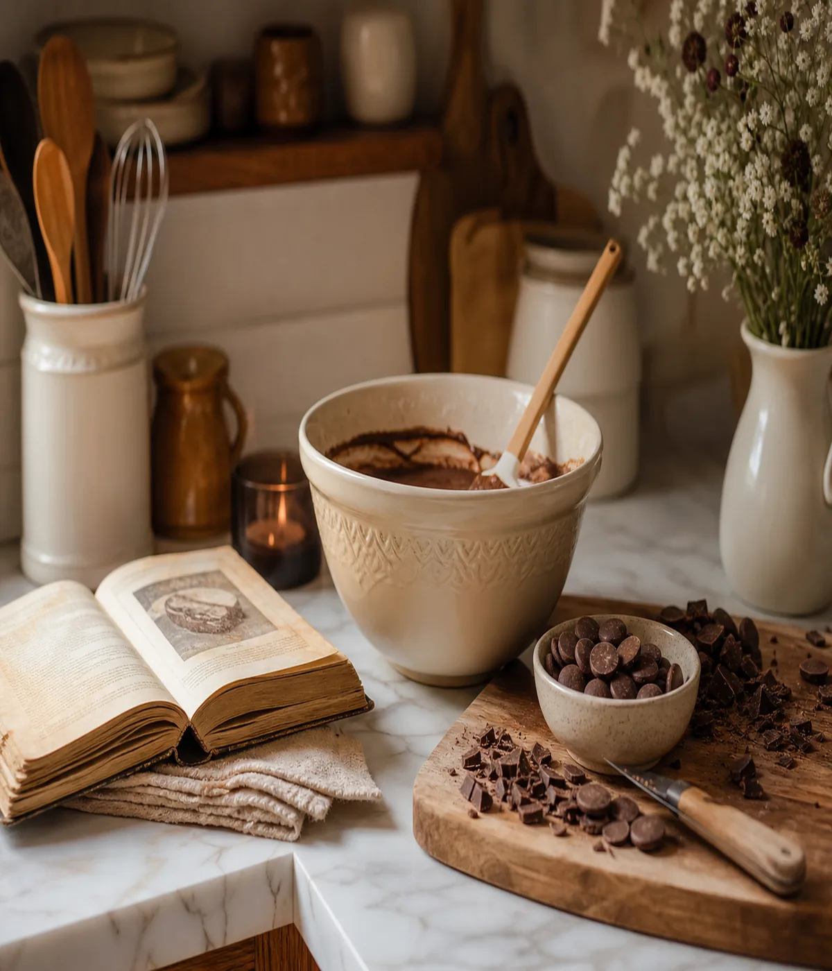 Home kitchen counter with chocolate wafers and mixing bowl